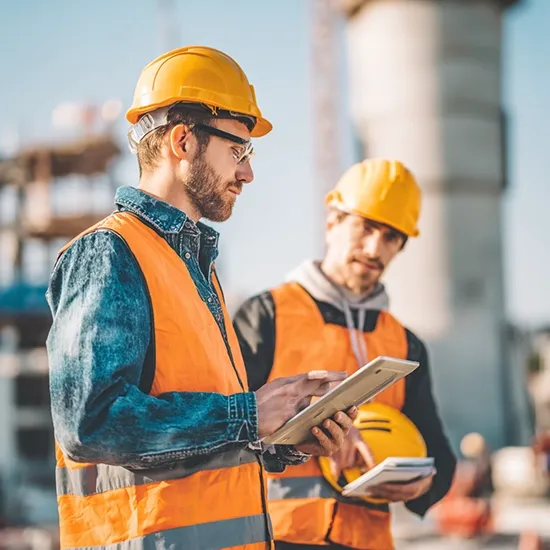 Zwei Bauingenieure mit Tablet auf der Baustelle