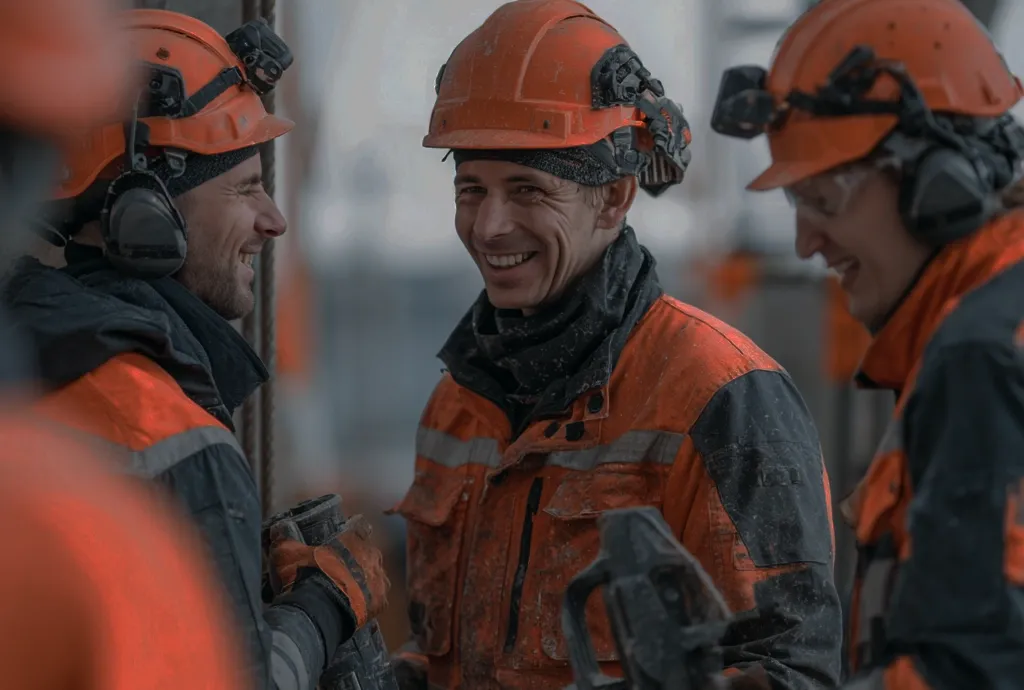 Lachendes Team in orangefarbener Schutzkleidung